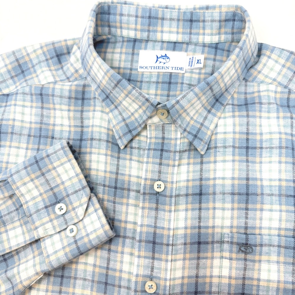 Southern Tide‎ Mens XL Blue Plaid Hemp Blend Long Sleeve Button Down Shirt 10307